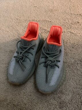 Yeezy Grey Knit Sneakers with Coral Orange Liner